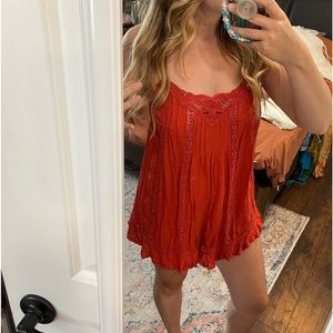 Free people loose fitting romper lace and button detail red boho